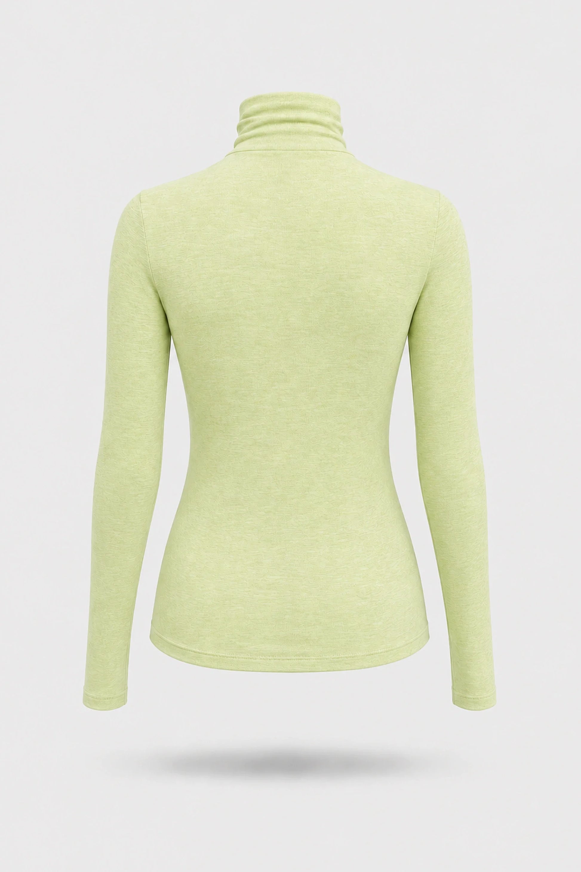 Back view of women's Matcha stretch turtleneck top with soft fabric and fitted layering silhouette