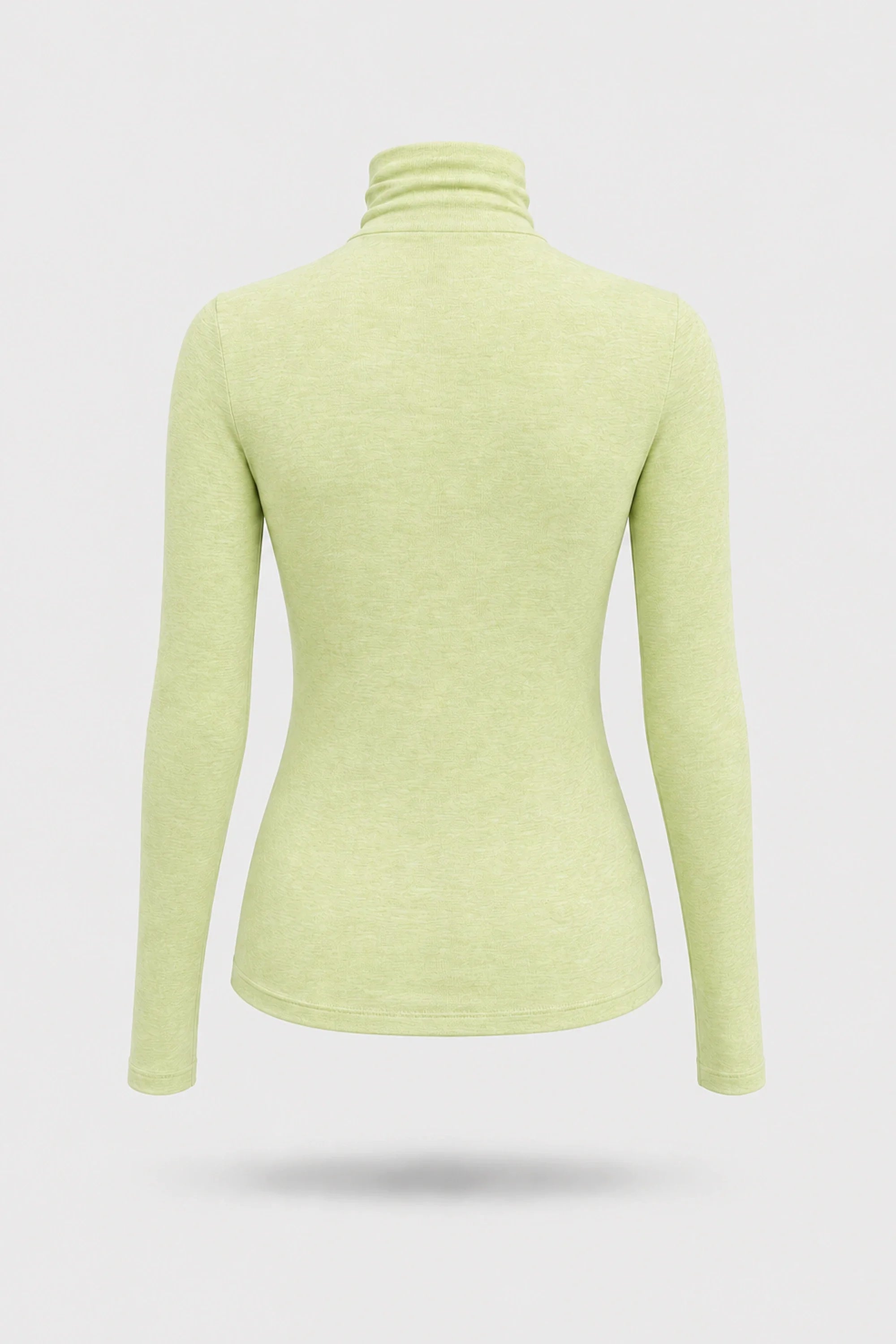 Back view of women's Matcha stretch turtleneck top with soft fabric and fitted layering silhouette