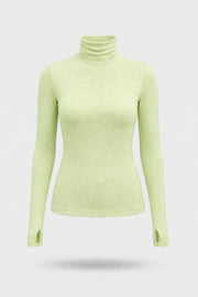 Women's Matcha stretch turtleneck top with lightweight fabric, slim silhouette, and thumbhole cuffs