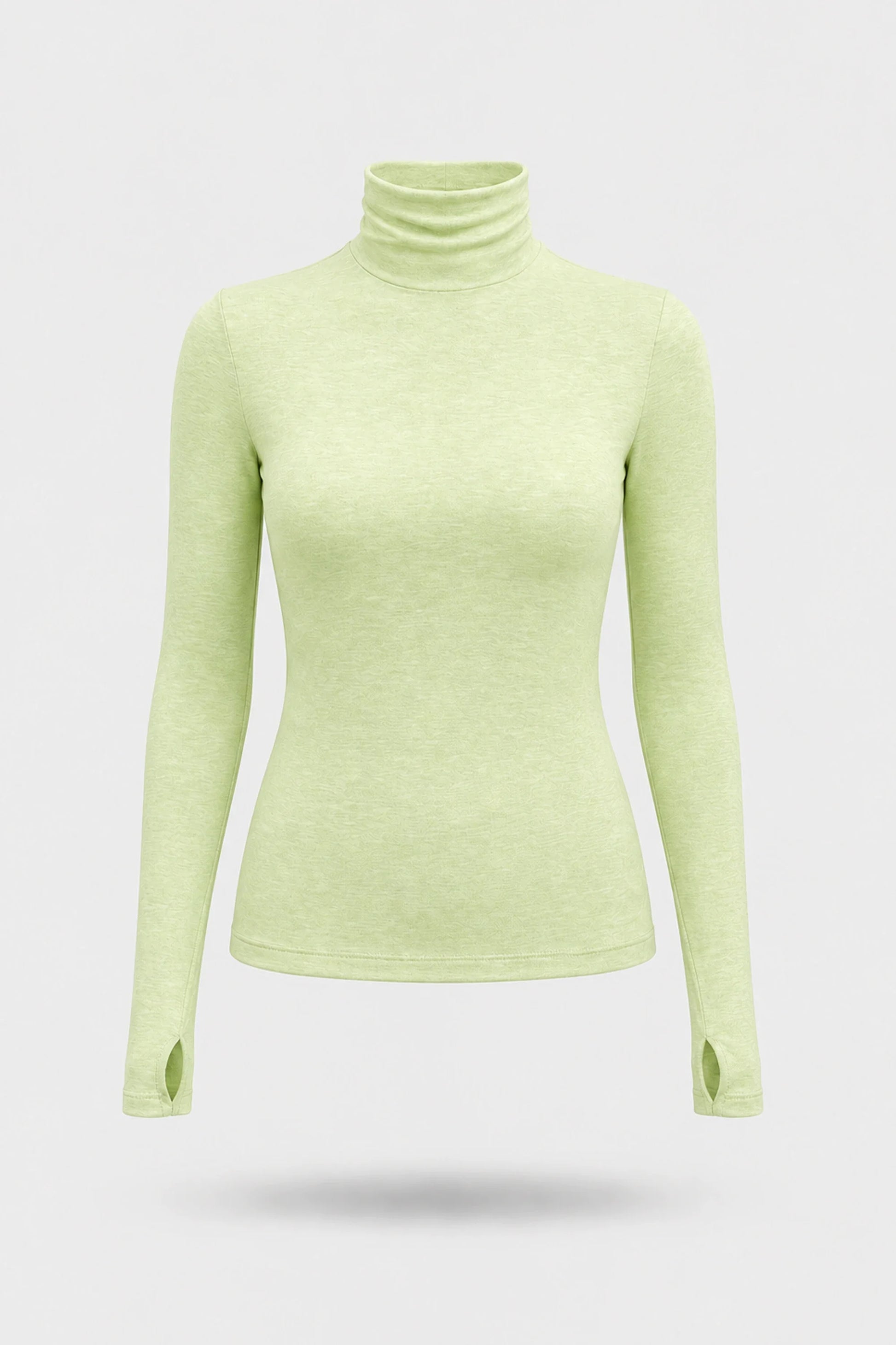 Women's Matcha stretch turtleneck top with lightweight fabric, slim silhouette, and thumbhole cuffs
