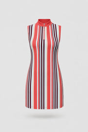 Women's striped sleeveless golf dress in Resort Stripe print with zip neck collar and athletic silhouette