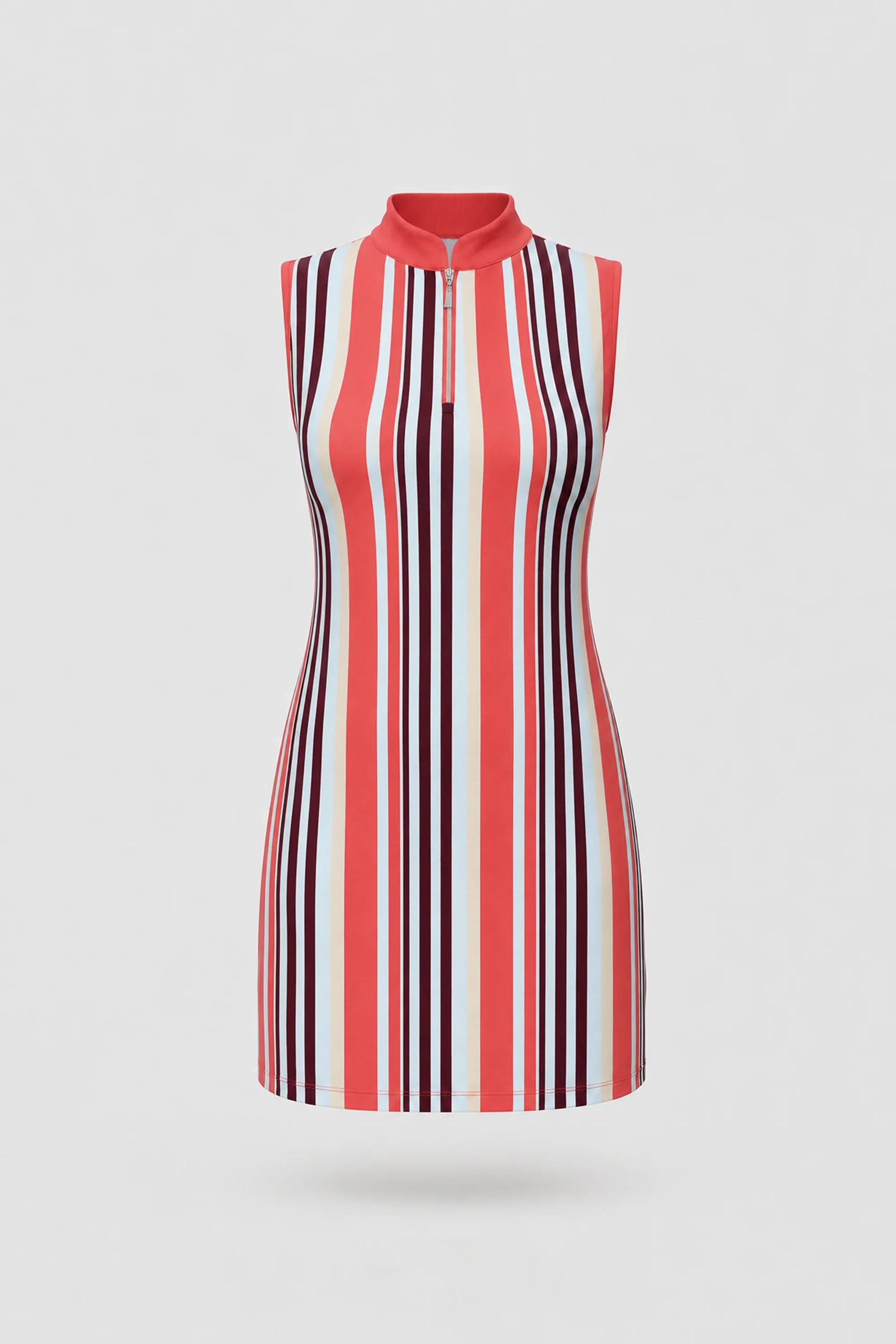 Women's striped sleeveless golf dress in Resort Stripe print with zip neck collar and athletic silhouette