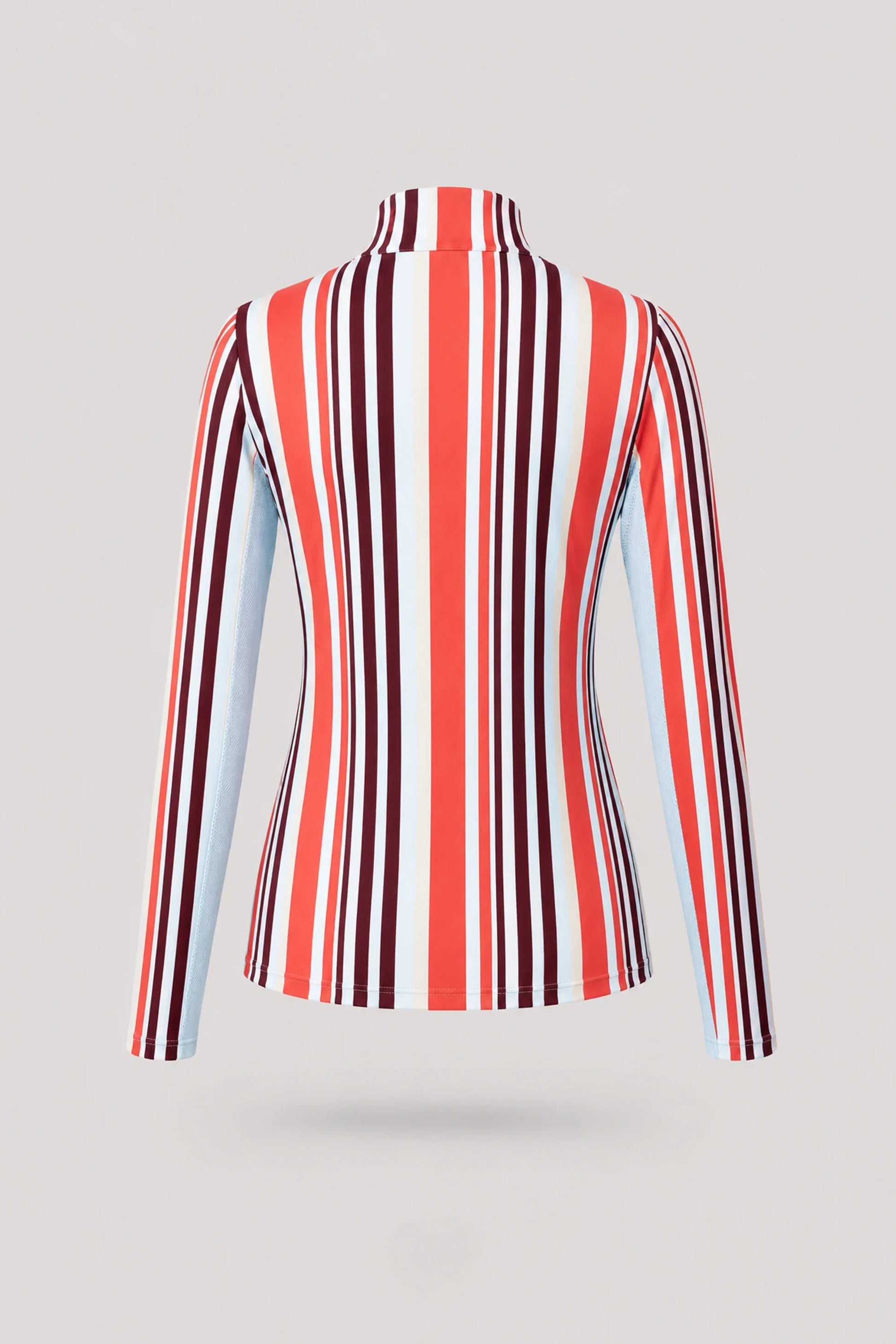 Back view of women's striped long sleeve golf top in Resort Stripe design with breathable mesh sleeve panels