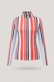 Women's striped long sleeve golf top in Resort Stripe print with quarter zip neckline and breathable performance fabric