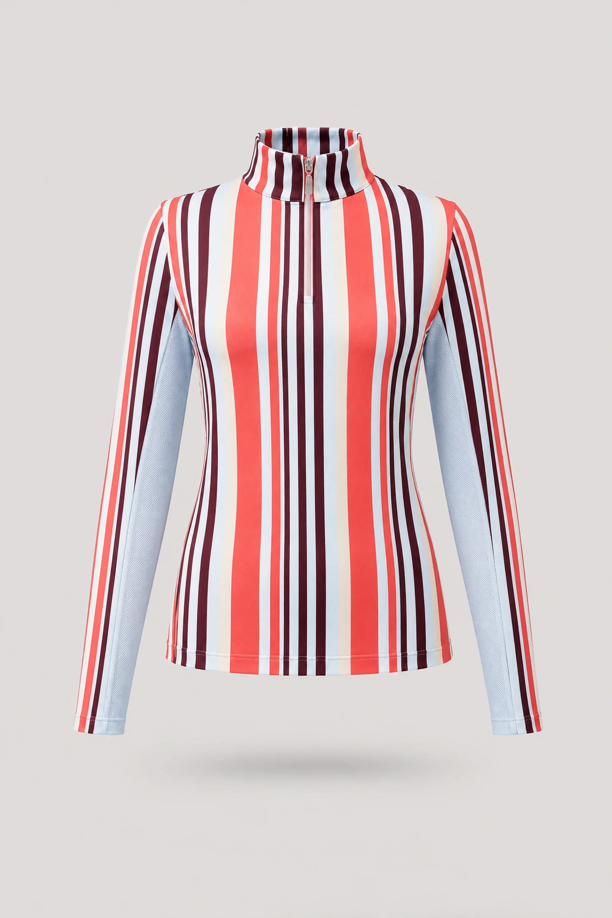 Women's striped long sleeve golf top in Resort Stripe print with quarter zip neckline and breathable performance fabric