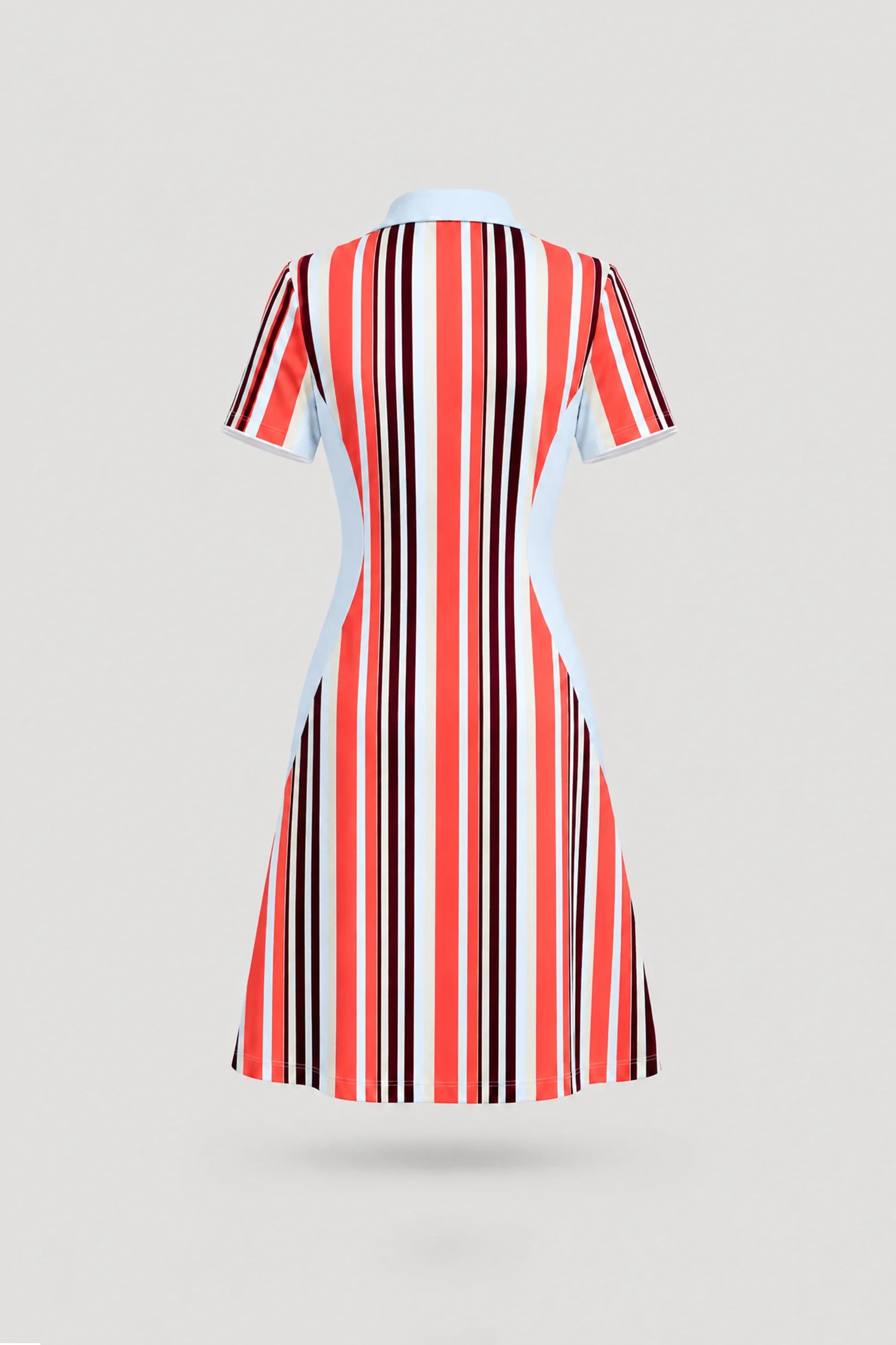 Back view of women's striped polo golf dress in Resort Stripe print with athletic fit and stretch fabric