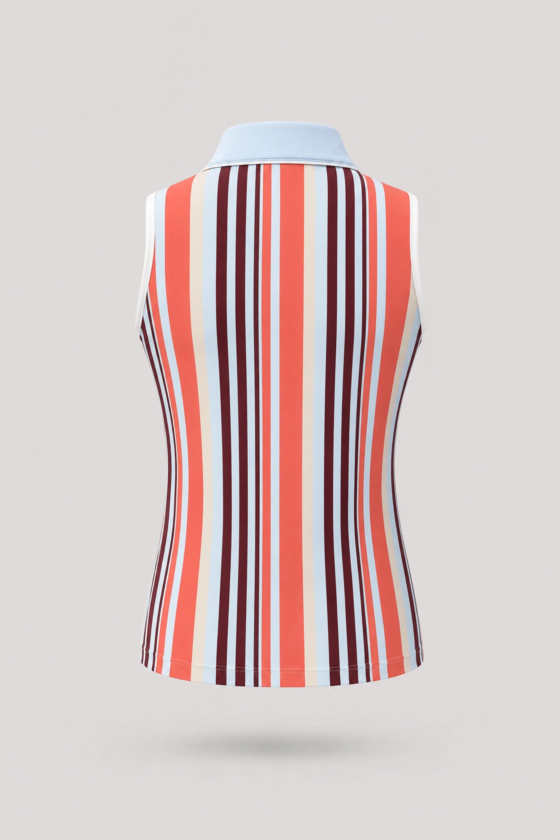 Back view of women's striped sleeveless golf polo in Resort Stripe design with athletic fit