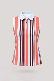 Women's striped sleeveless golf polo in Resort Stripe print with zip neck collar and lightweight stretch fabric