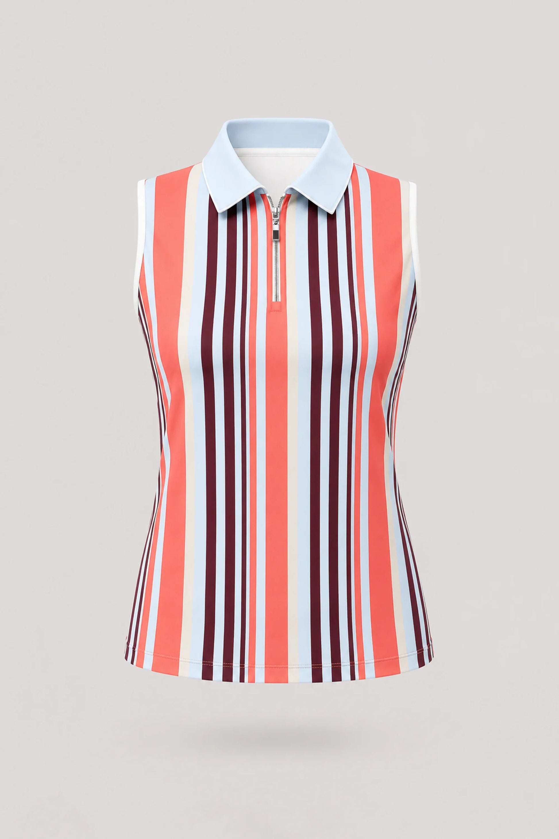 Women's striped sleeveless golf polo in Resort Stripe print with zip neck collar and lightweight stretch fabric