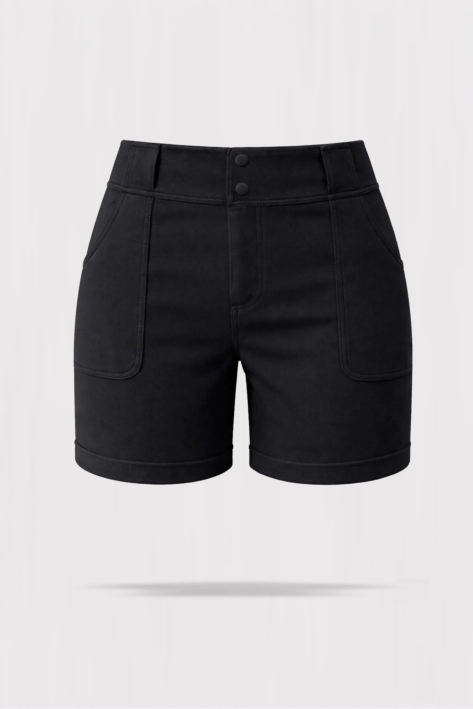 Front 3D render of women’s tailored utility bermuda golf shorts in black with a high-rise waistband, double button closure, and front utility patch pockets
