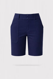 Front 3D render of women’s tailored utility bermuda golf shorts in navy with a high-rise waistband, double button closure, and front utility patch pockets