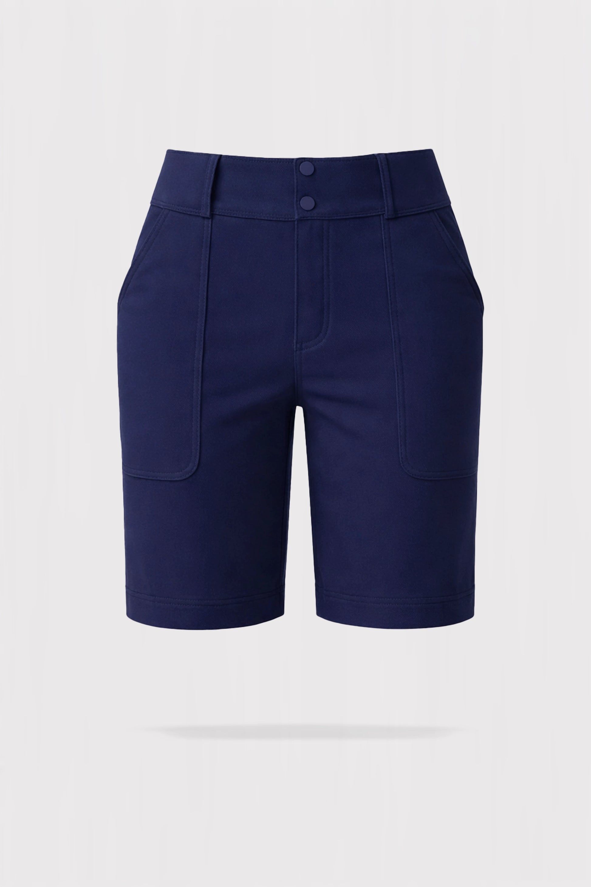 Front 3D render of women’s tailored utility bermuda golf shorts in navy with a high-rise waistband, double button closure, and front utility patch pockets
