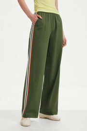 Women’s wide-leg pants in olive green with side stripes and a fluid wide-leg silhouette