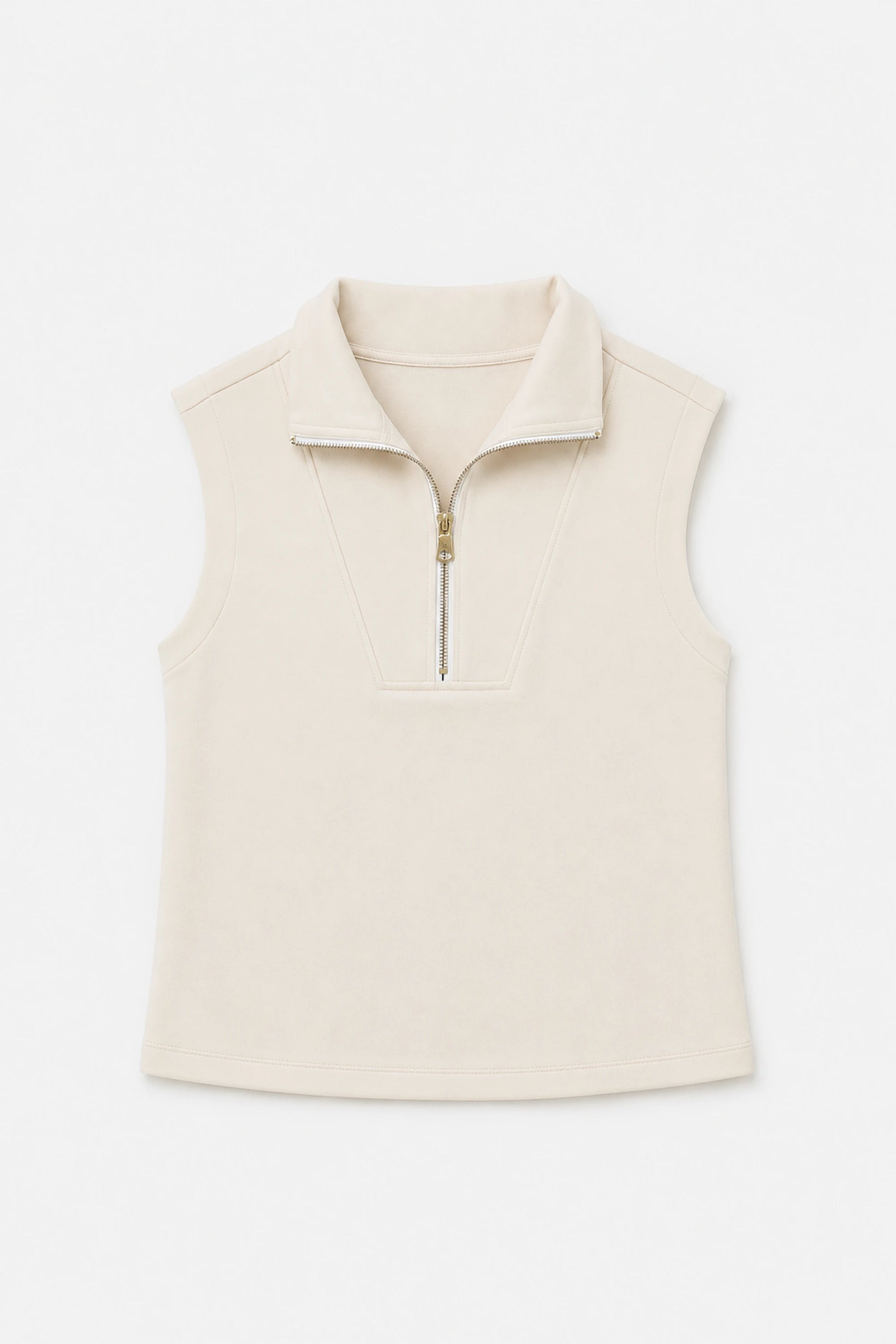 Women’s sleeveless pullover in cream with structured zip collar and minimalist design