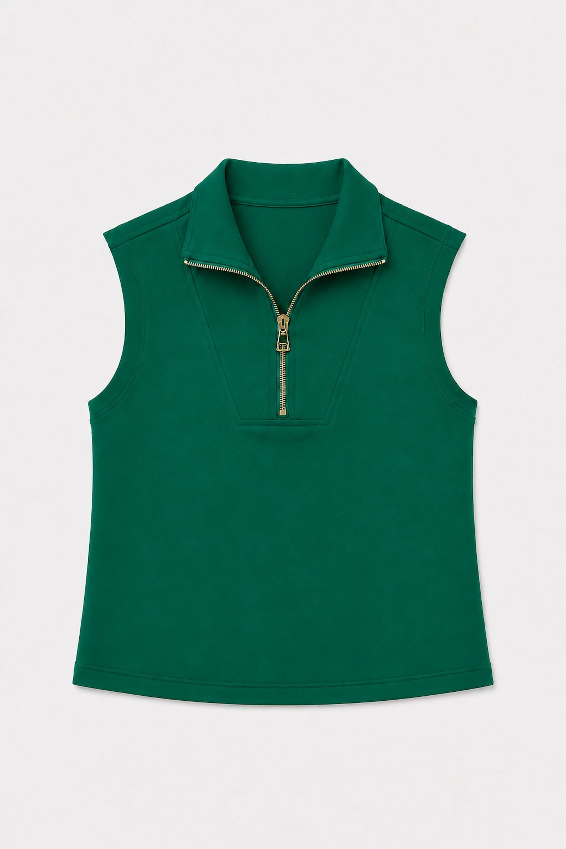 Women’s deep teal sleeveless pullover with structured zip collar shown in flat lay view