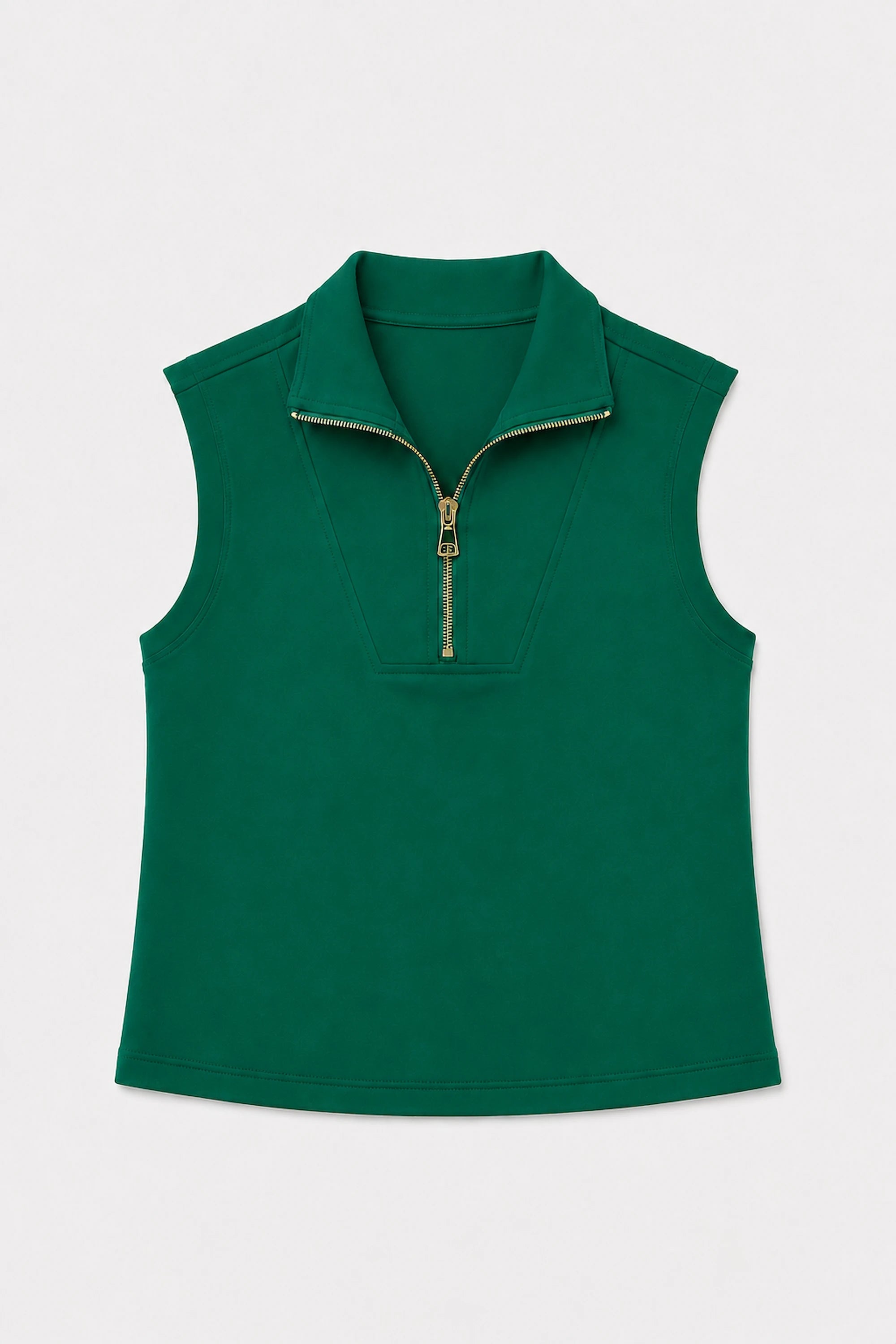 Women’s deep teal sleeveless pullover with structured zip collar shown in flat lay view