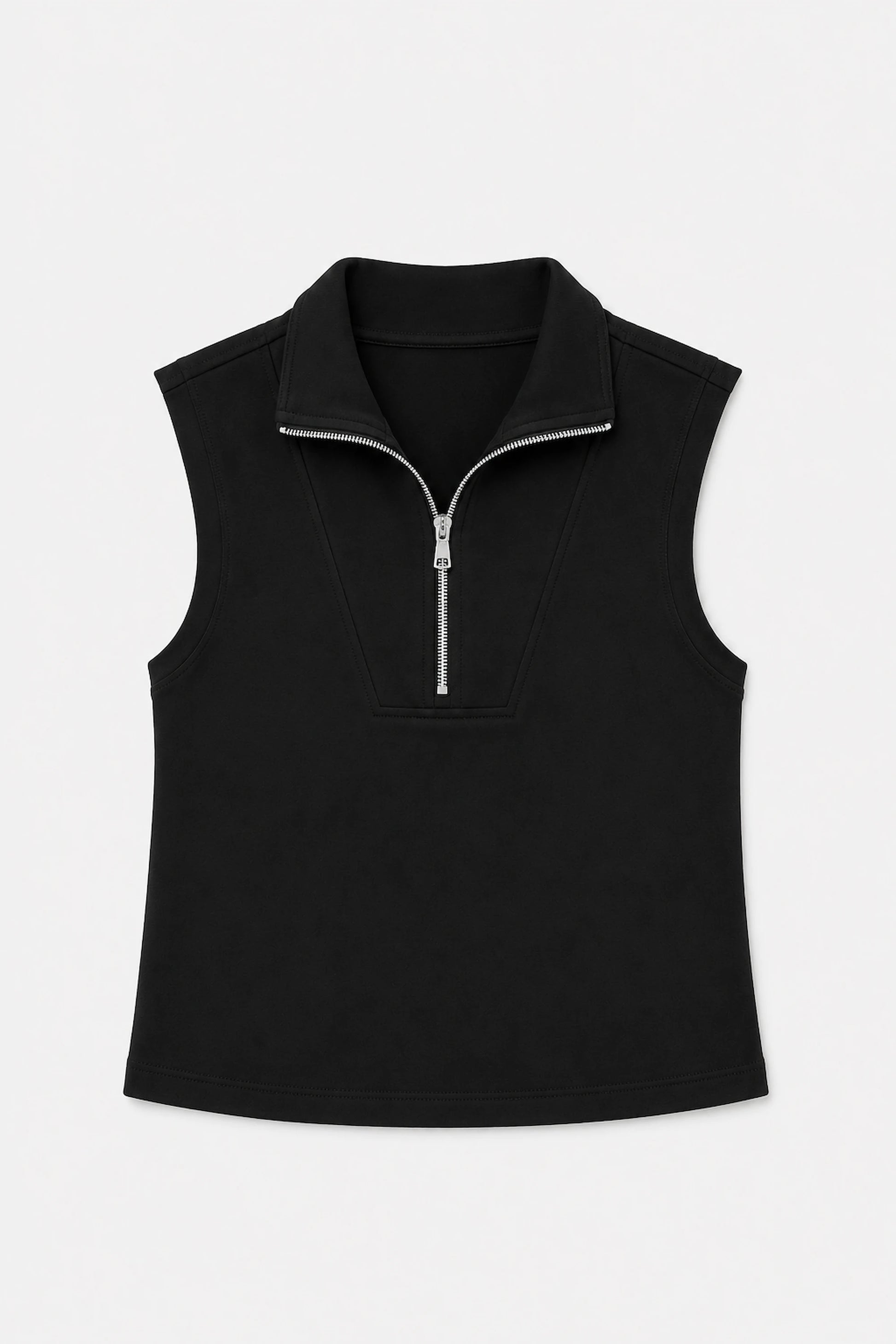 Women’s black sleeveless pullover with structured zip collar shown in flat lay view