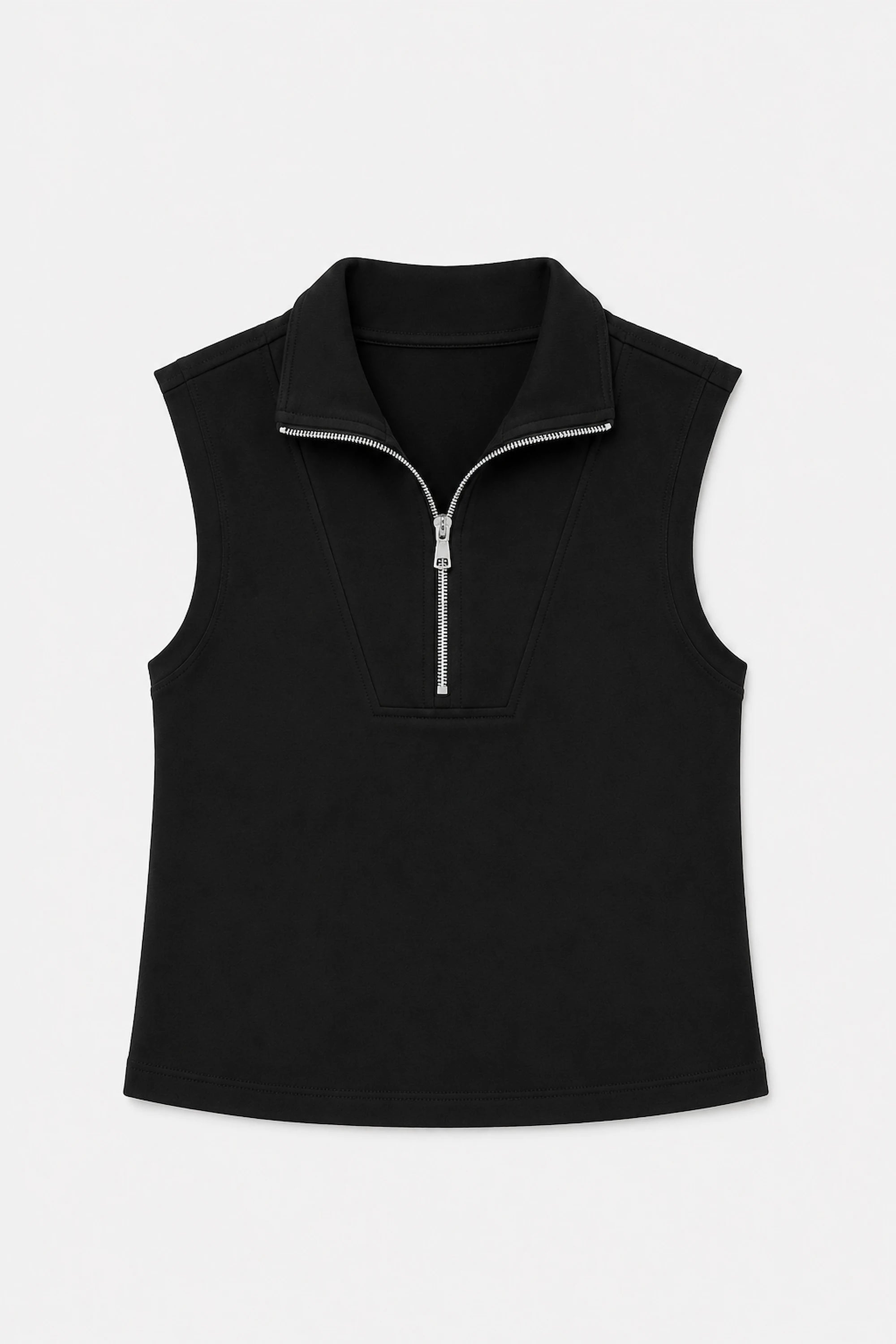 Women’s black sleeveless pullover with structured zip collar shown in flat lay view