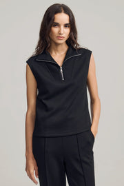 Women’s sleeveless pullover in black with structured zip collar and relaxed tailored fit