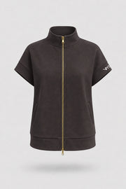 Women's Coffee zip jacket with stand collar, two-way zipper, and relaxed layering silhouette