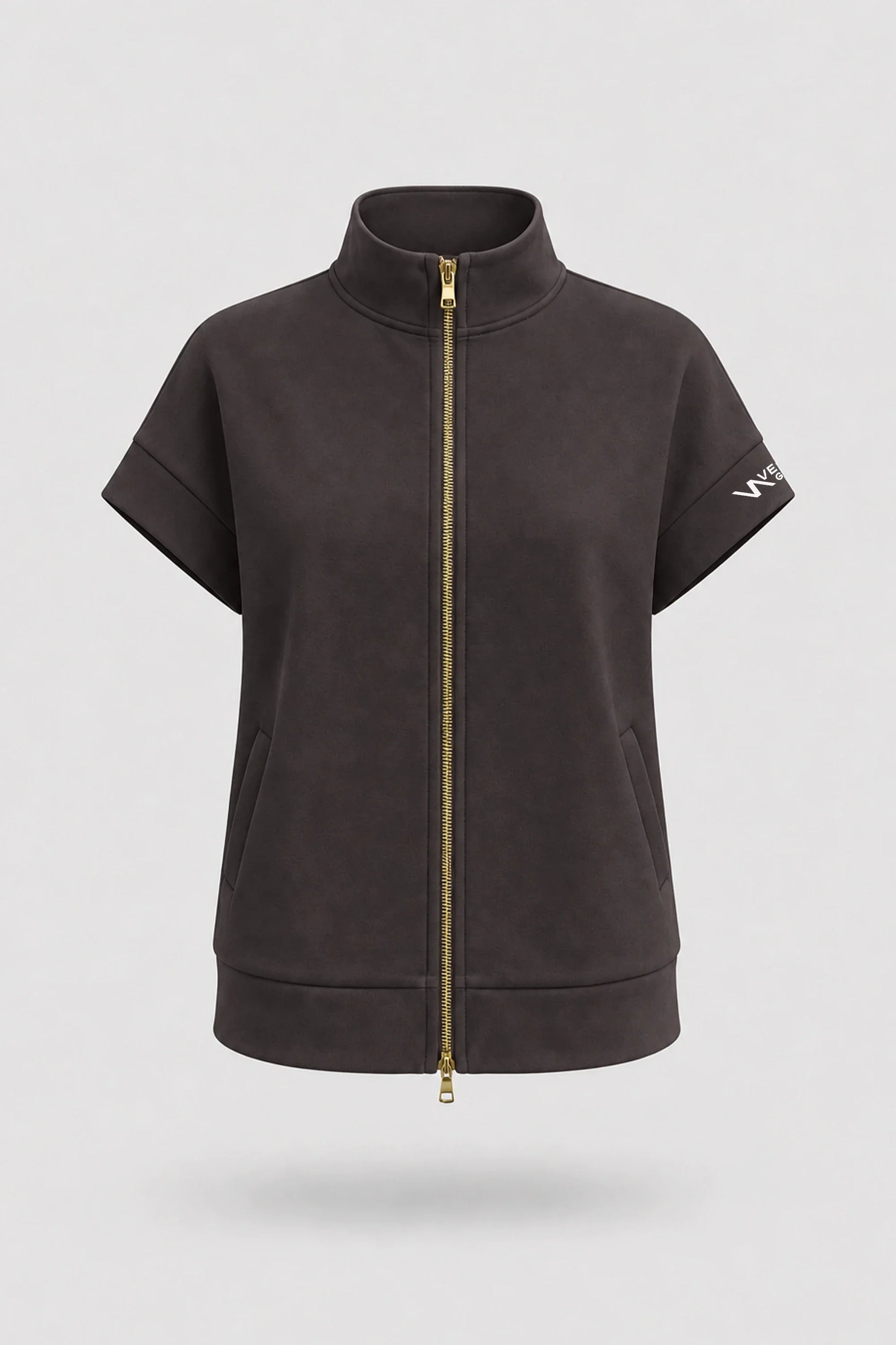 Women's Coffee zip jacket with stand collar, two-way zipper, and relaxed layering silhouette