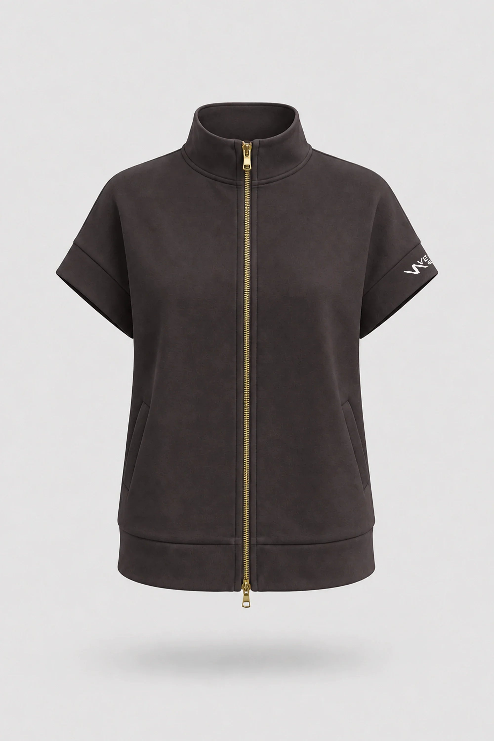 Women's Coffee zip jacket with stand collar, two-way zipper, and relaxed layering silhouette