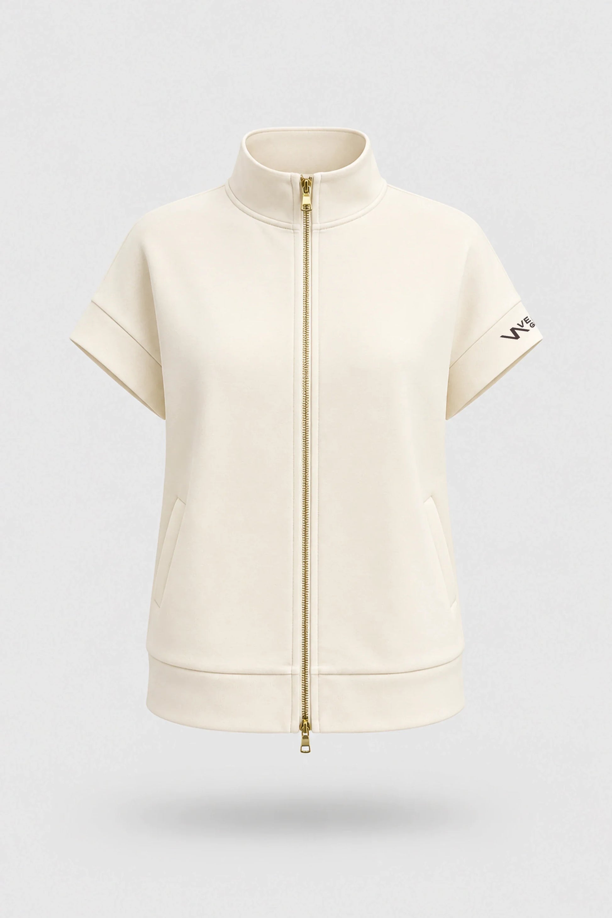 Women's Ivory zip jacket with stand collar, two-way zipper, and relaxed layering silhouette
