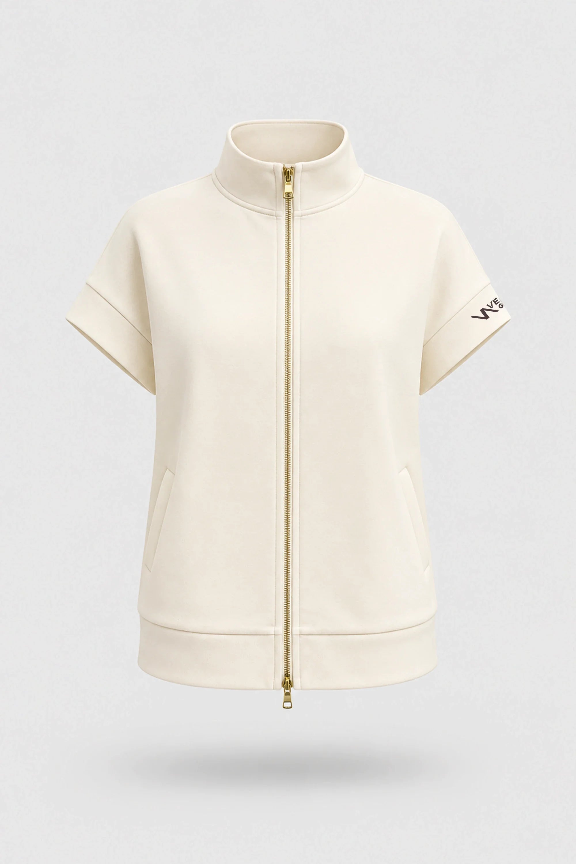 Women's Ivory zip jacket with stand collar, two-way zipper, and relaxed layering silhouette