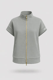 Women's Sage Grey zip jacket with stand collar, two-way zipper, and relaxed layering silhouette