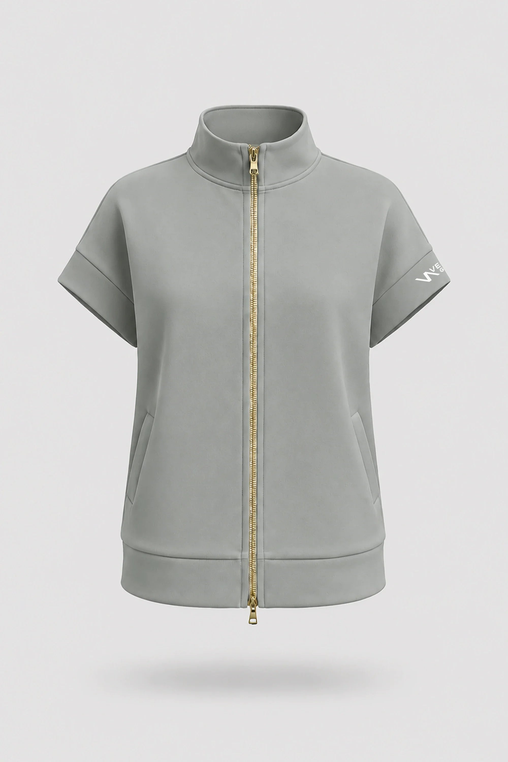 Women's Sage Grey zip jacket with stand collar, two-way zipper, and relaxed layering silhouette